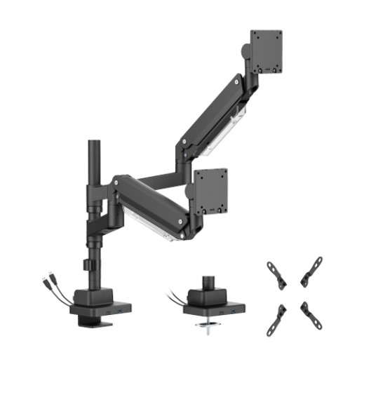 Brateck LDT80-C024UCP Matte Black Super Heavy-Duty Pole-Mounted Gas Spring Dual Monitor Arm with USB-A and USB-C Ports For most 24'-57' Monitors