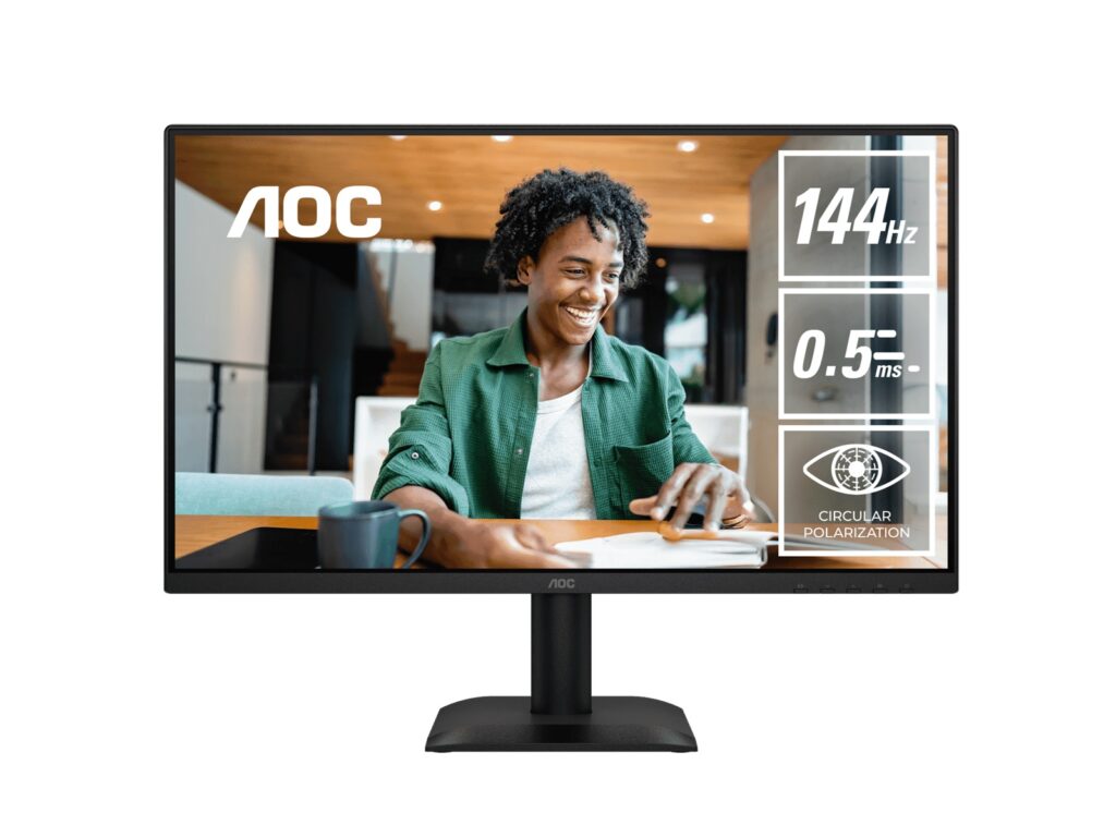 AOC 23.8' IPS, 1920×1080@144Hz, 4ms GtG, 300 cd/m², 1500:1, 178° VA, sRGB 112%, HDMI/DP, tilt -5°~23°, 16.7M colors, 16W